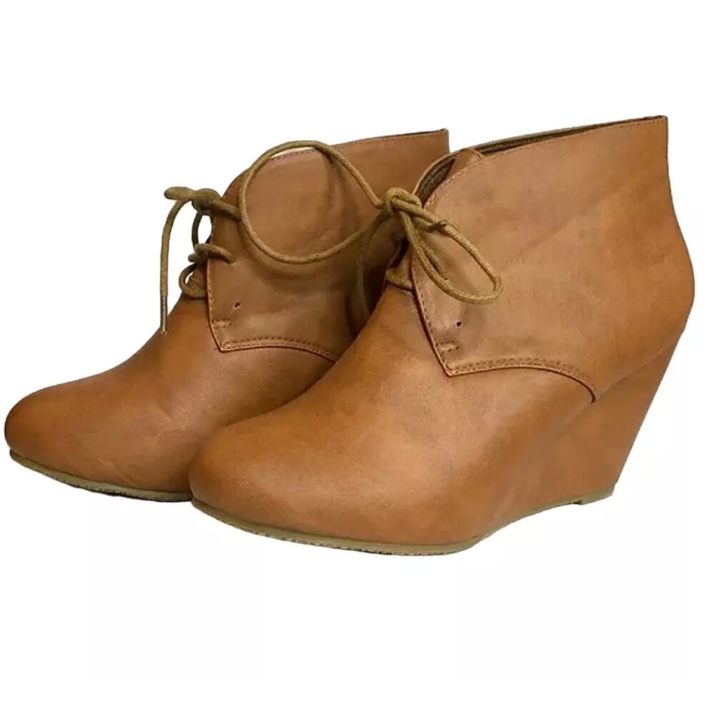 Bella Marie Women's Wedge Heel Almond Toe Lace-Up Ankle High Oxfords Ankle Boots